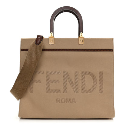 Fendi Canvas Vitello King Logo Embroidered Medium Fendi Sunshine Shopper Tote Sand Ghianda 1 of 8