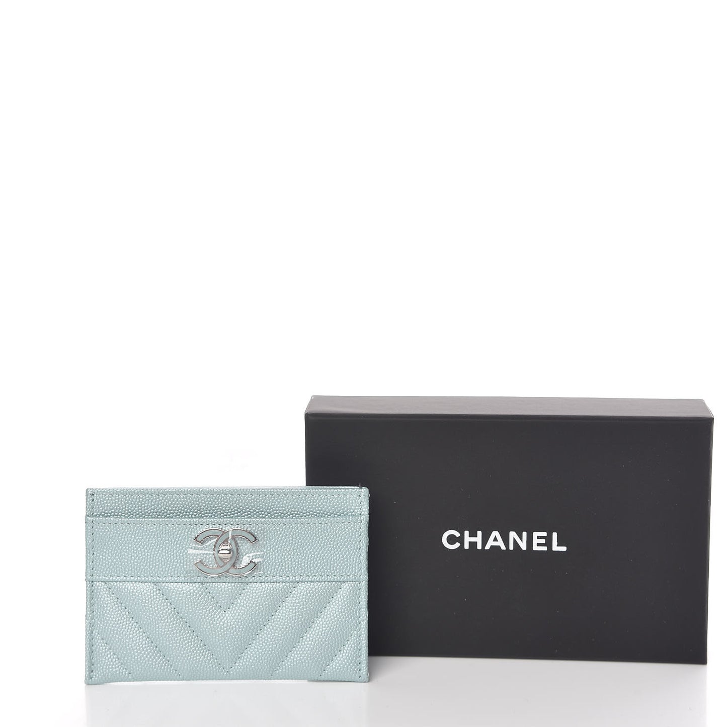Metallic Caviar Chevron Quilted Vintage Mademoiselle Card Holder Light Blue