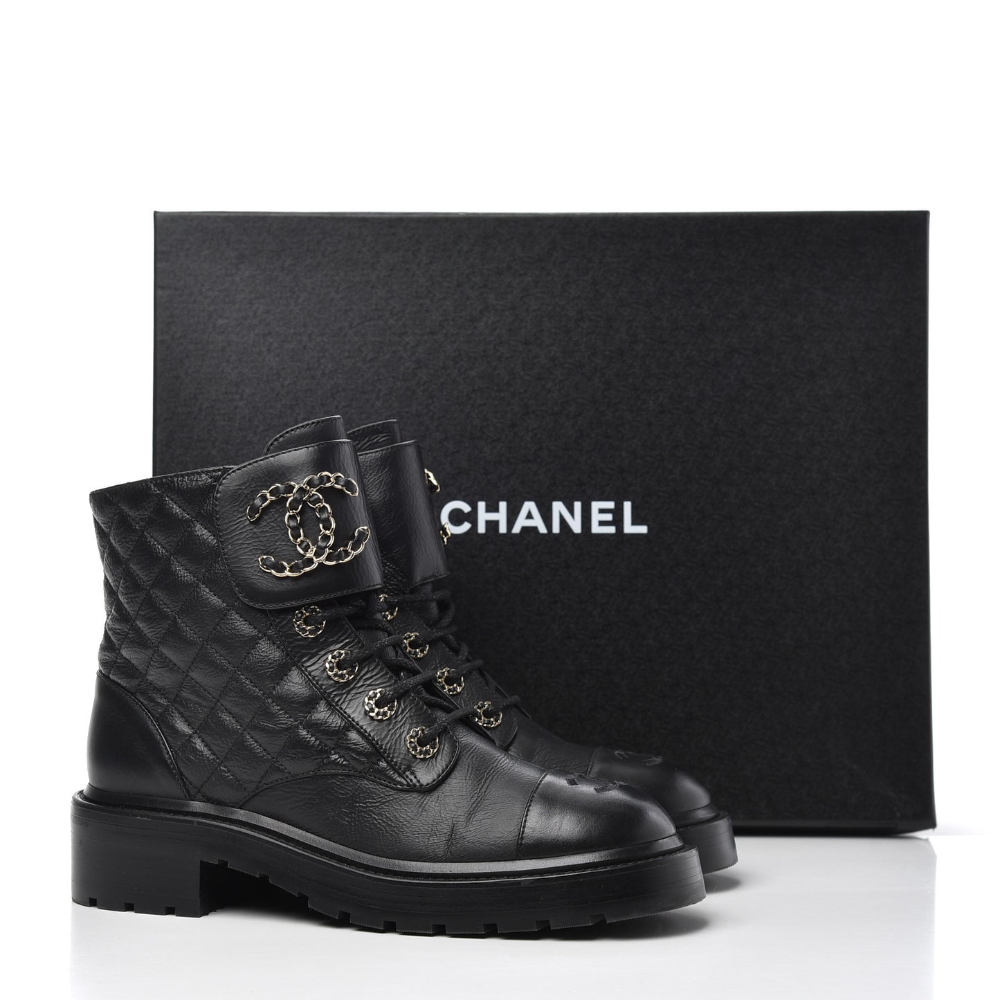 Shiny Goatskin Calfskin Quilted Lace Up Combat Boots 38 Black
