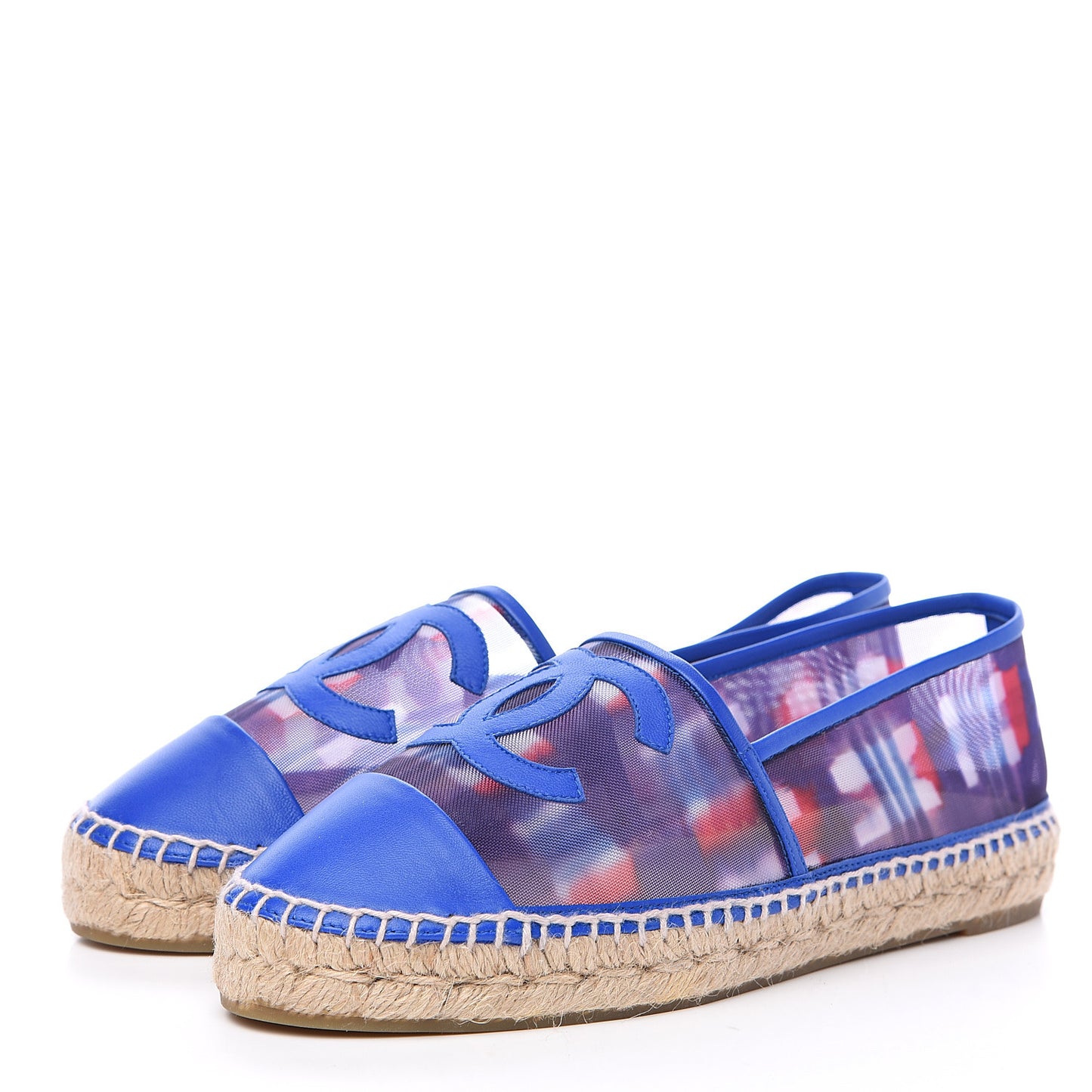 Mesh Lambskin Plaid Print CC Espadrilles 39 Blue White Red