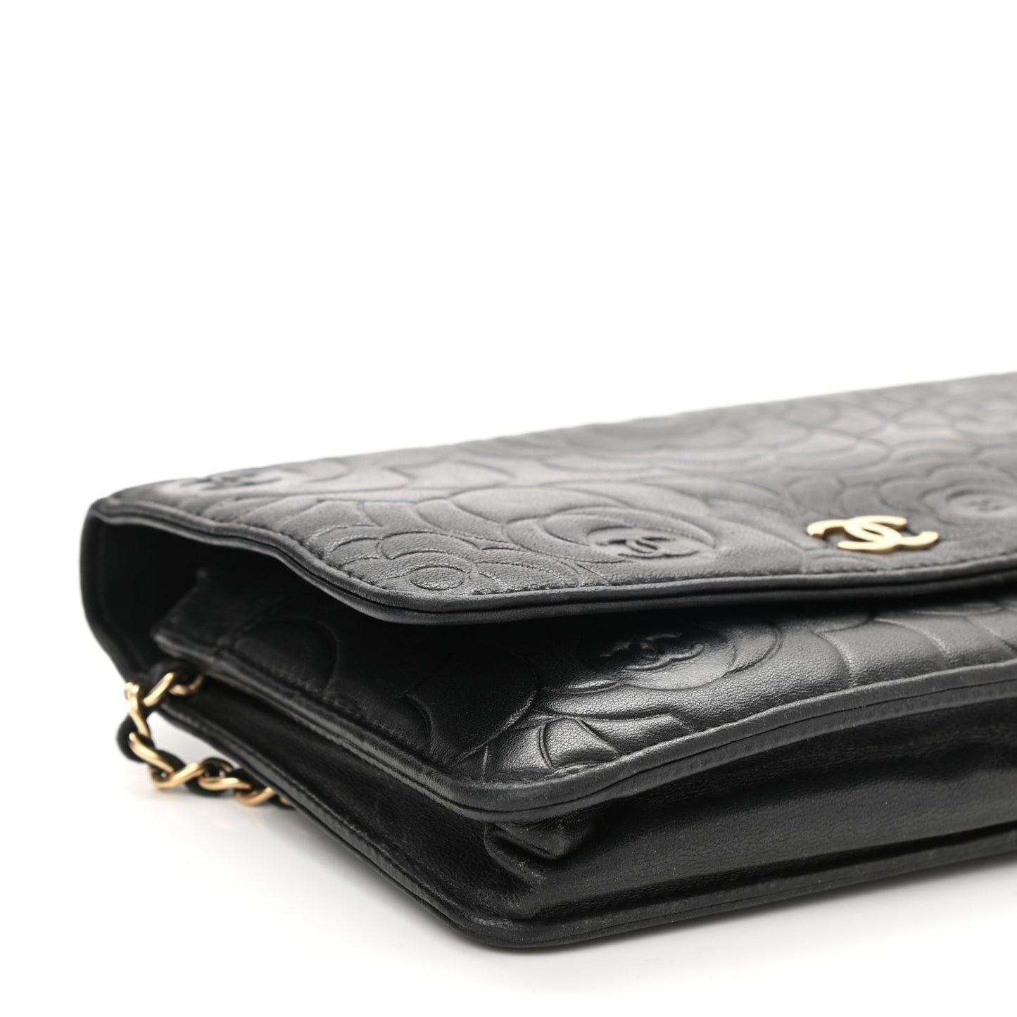 Lambskin Camellia Embossed Wallet on Chain WOC Black