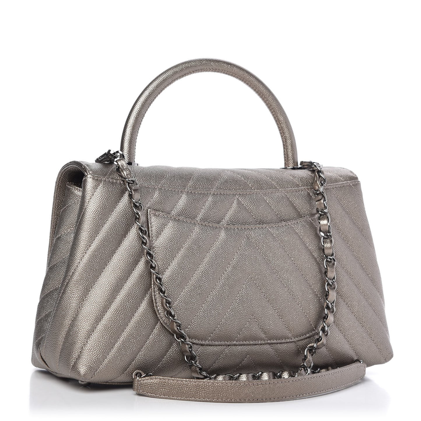 Metallic Caviar Chevron Quilted Small Coco Handle Flap Light Gold