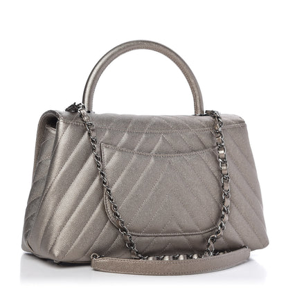 Chanel Metallic Caviar Chevron Quilted Small Coco Handle Flap Light Gold 3 of 9