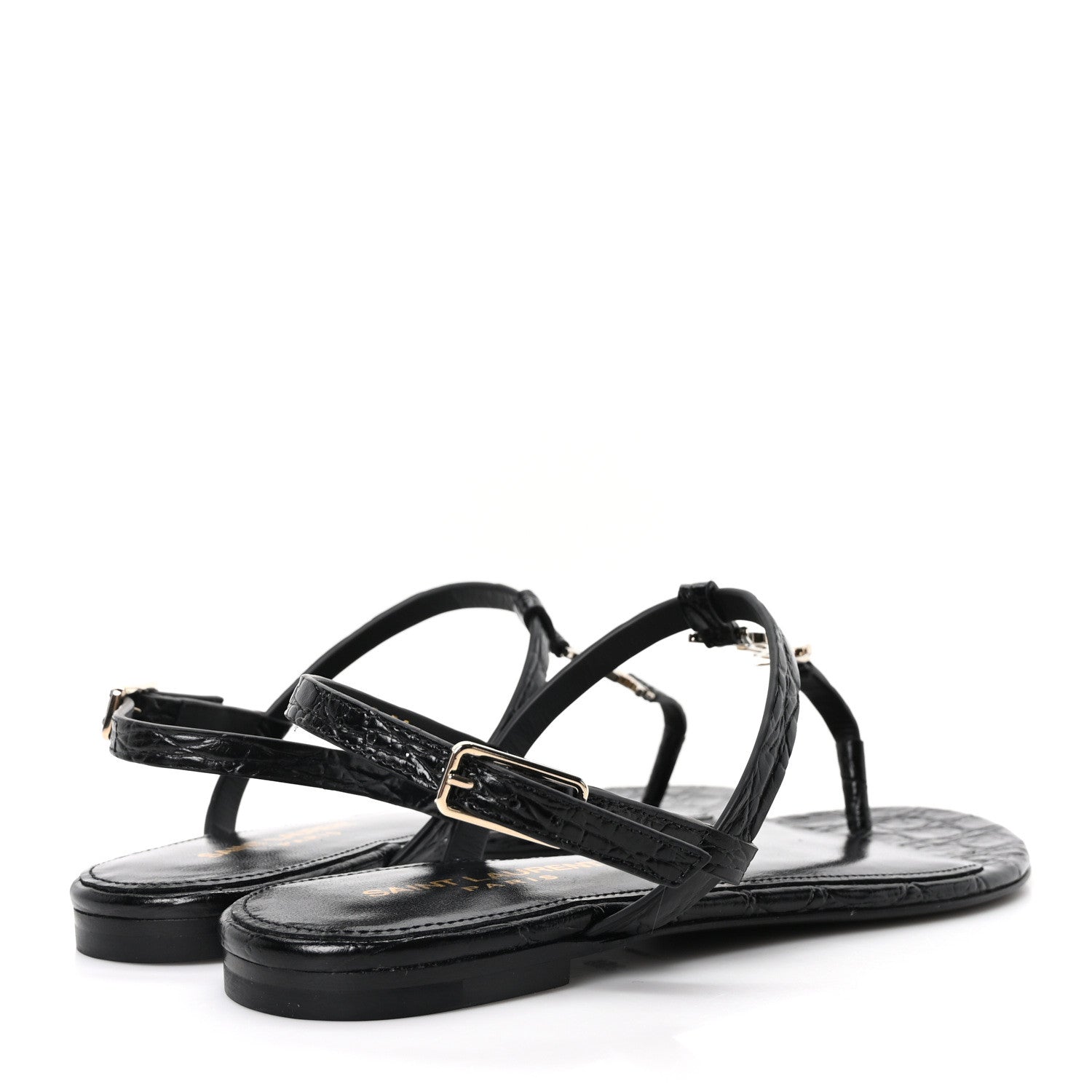 Saint Laurent Calfskin Crocodile Embossed Cassandra Monogram Sandals 35.5 Black 5 of 10