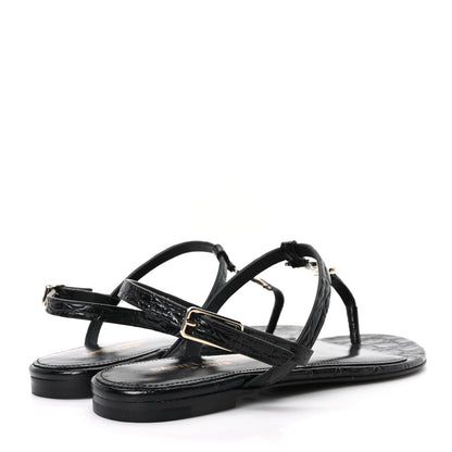 Saint Laurent Calfskin Crocodile Embossed Cassandra Monogram Sandals 35.5 Black 5 of 10