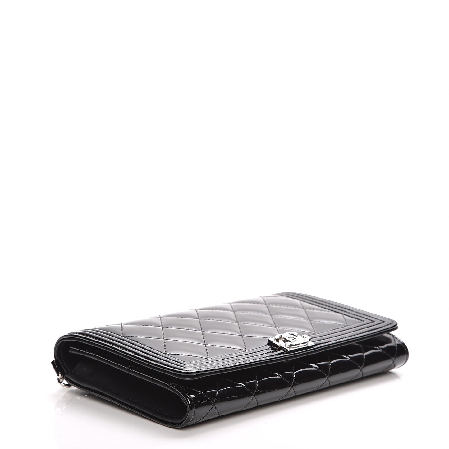 Patent Calfskin Quilted Boy Wallet on Removable Chain Black
