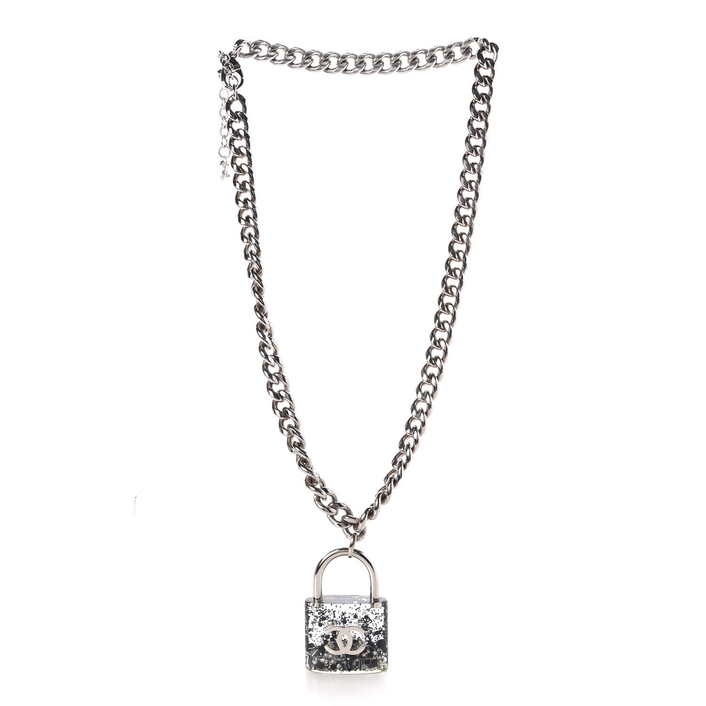 Resin CC Oversized Padlock Chain Necklace Silver Pearly White