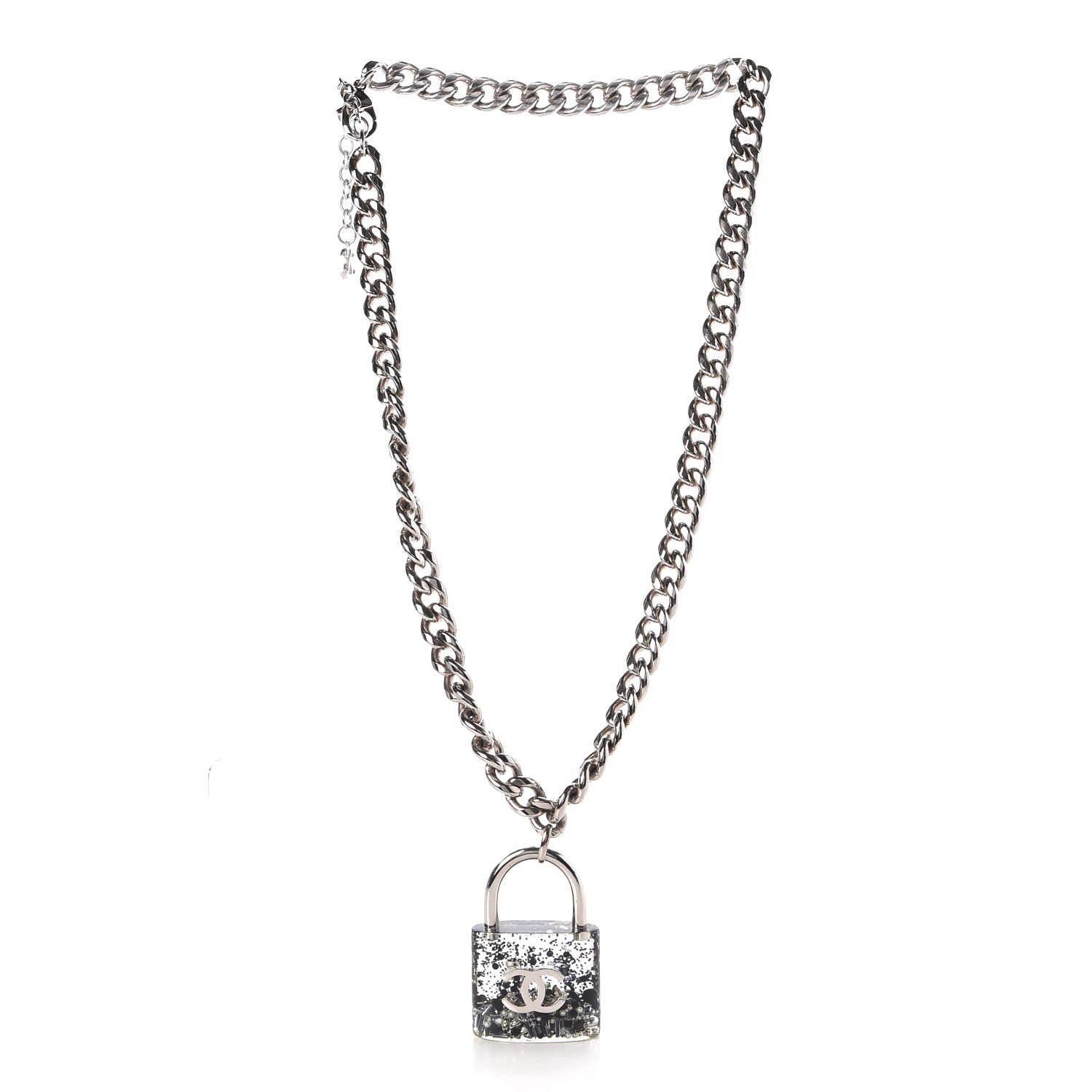 Chanel Resin CC Oversized Padlock Chain Necklace Silver Pearly White 3 of 5