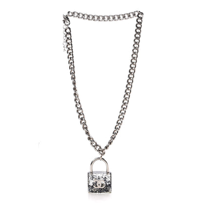 Chanel Resin CC Oversized Padlock Chain Necklace Silver Pearly White 3 of 5