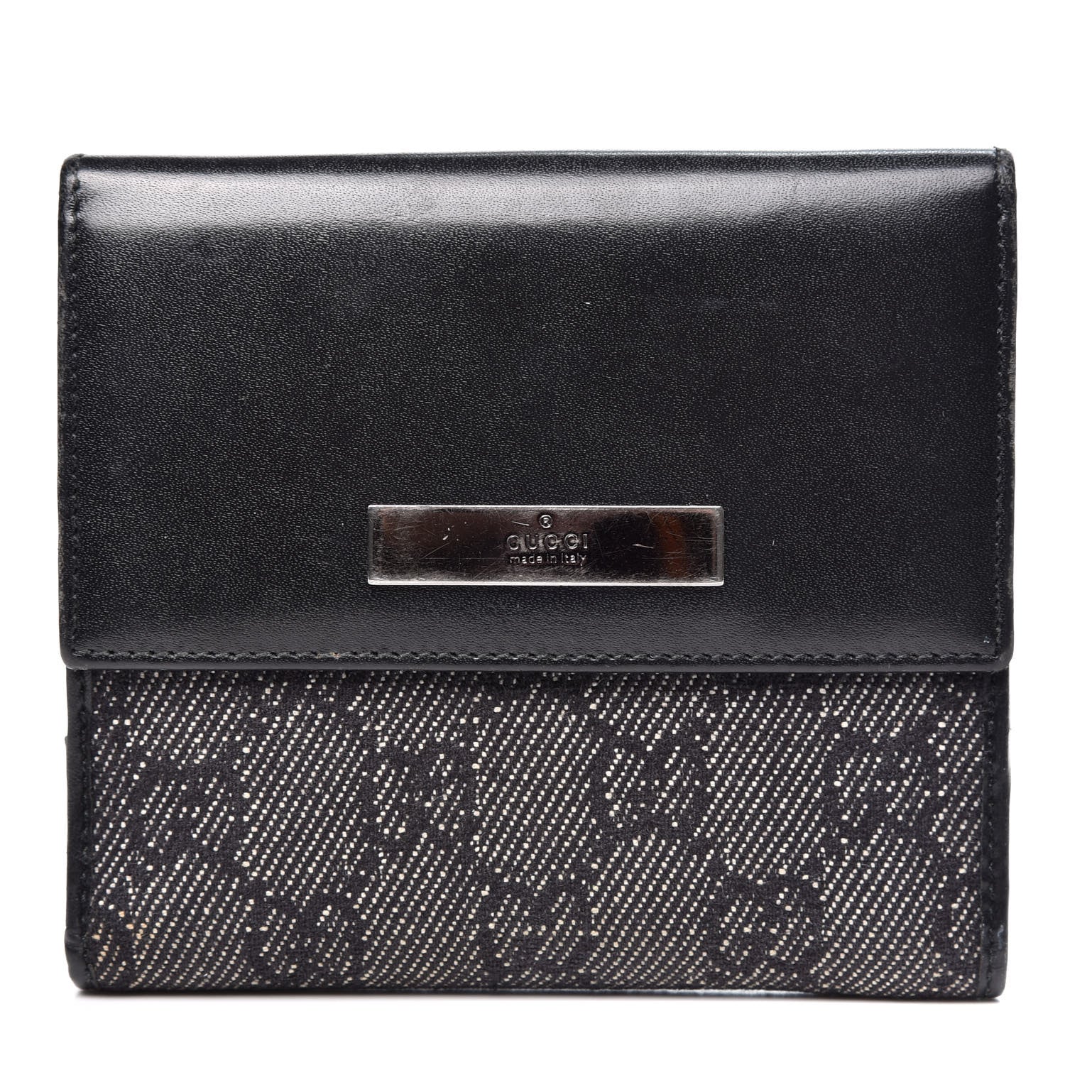 Gucci Calfskin Denim Monogram French Flap Wallet Black 1 of 11