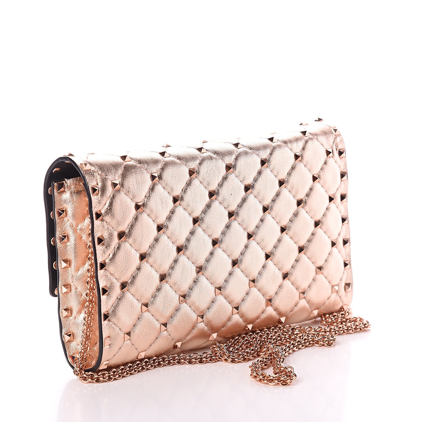 Metallic Lambskin Rockstud Spike Wallet on Chain Rame