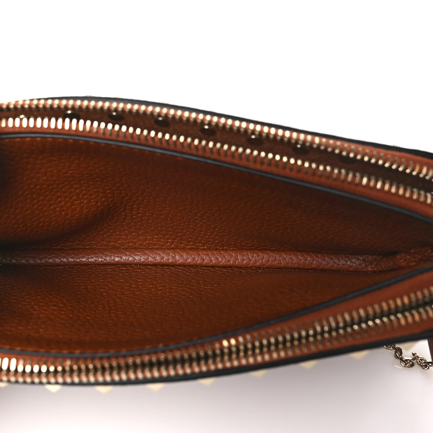 Pebbled Calfskin Rockstud Double Zip Camera Crossbody Bag Tan