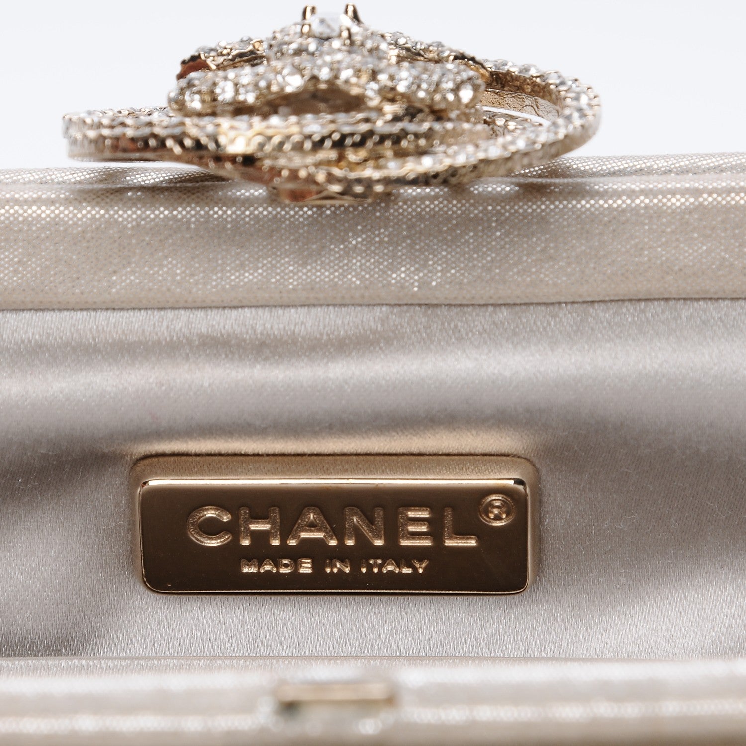Chanel Iridescent Calfskin Crystal Camellia Evening Clutch Champagne 6 of 11