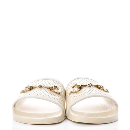 Gucci Suede Perforated Horsebit Slide Sandals 36 Ivory 2 of 9