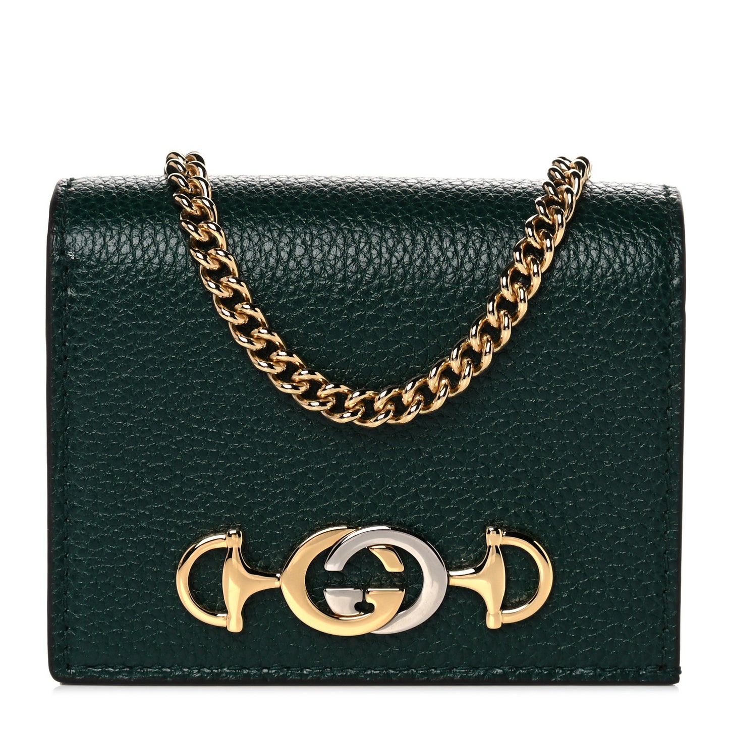 Grainy Calfskin Zumi Chain Card Case Wallet Vintage Green
