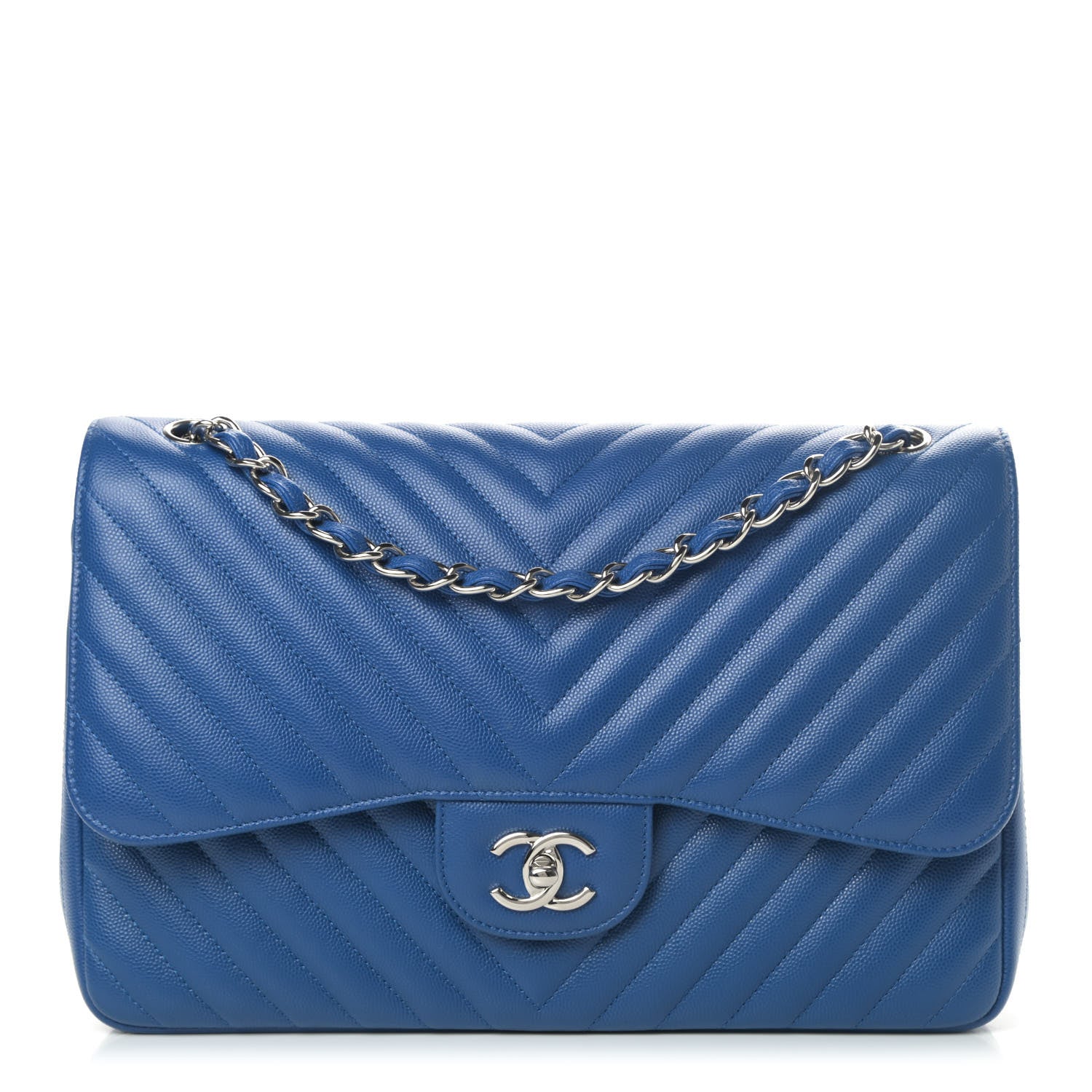 Chanel Caviar Chevron Quilted Jumbo Double Flap Blue 1 of 5