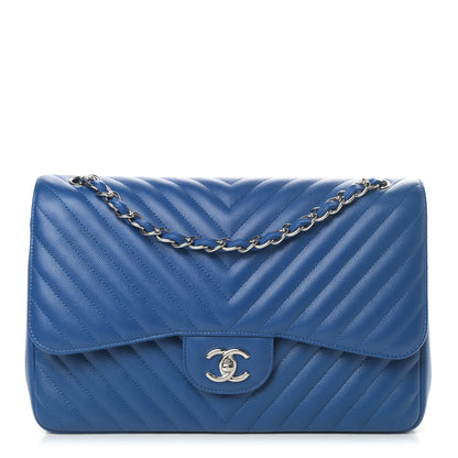Chanel Caviar Chevron Quilted Jumbo Double Flap Blue 1 of 5