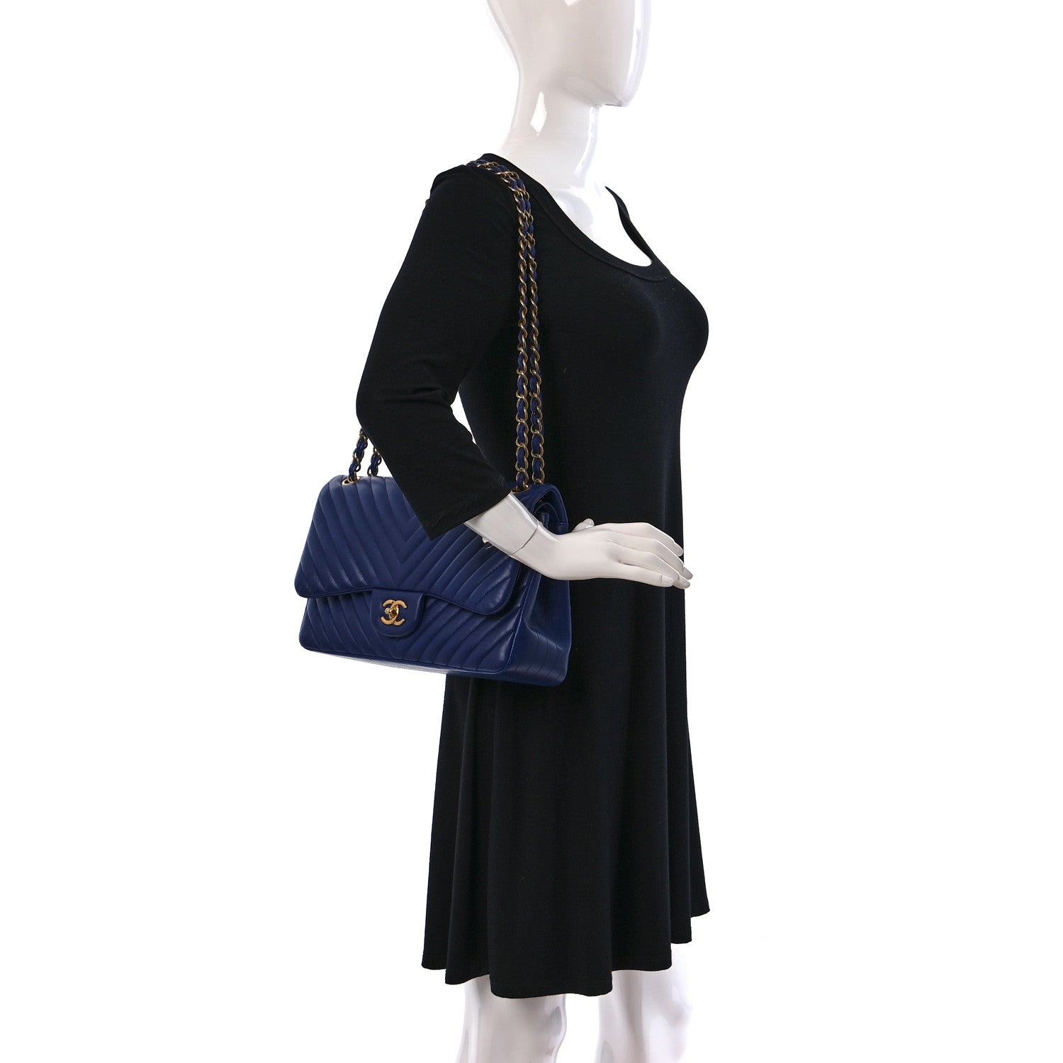 Chanel Lambskin Chevron Quilted Jumbo Double Flap Navy Blue 2 of 15