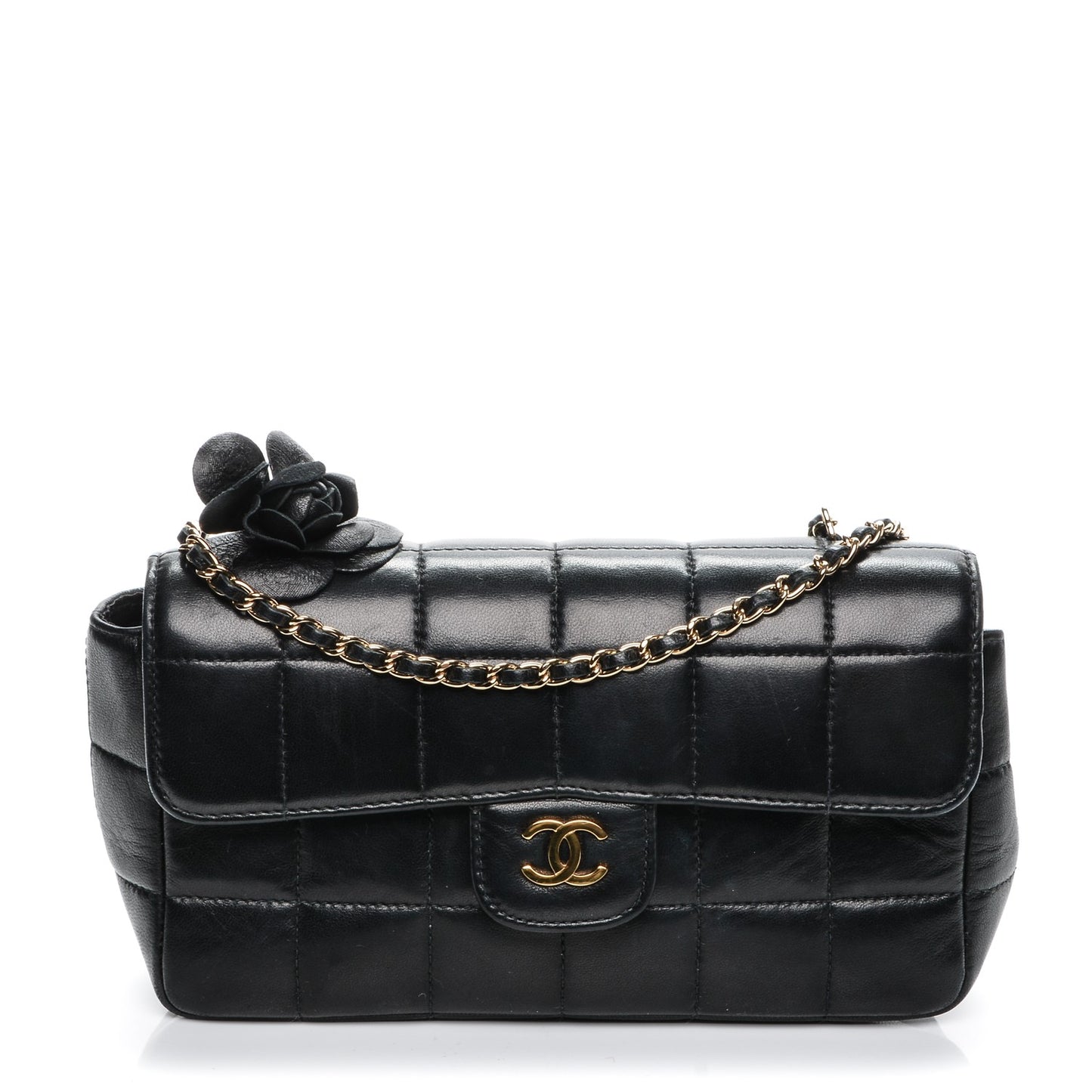 Lambskin Quilted Mini Chocolate Bar Camellia Flap Black