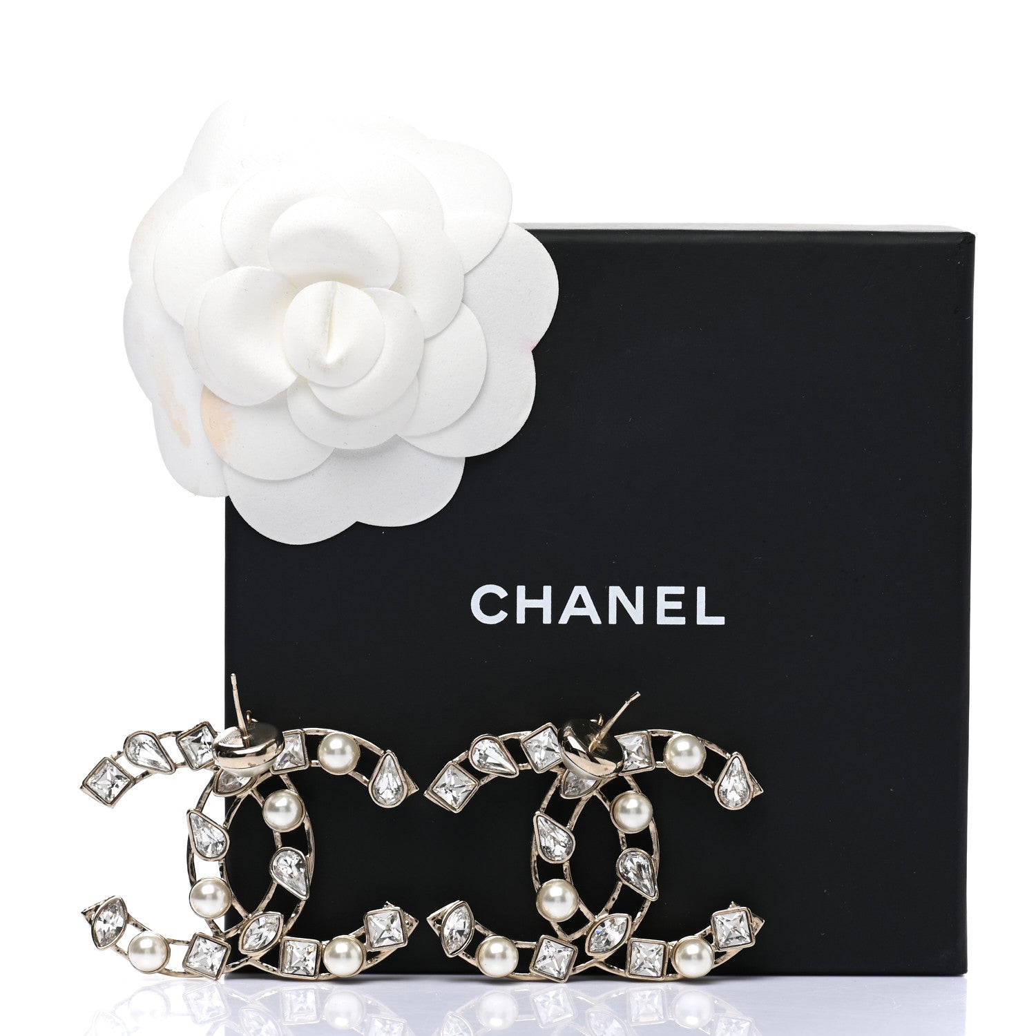 Chanel Metal Glass Pearl CC Crystal Snowfall CC Drop Earrings Light Gold 3 of 5