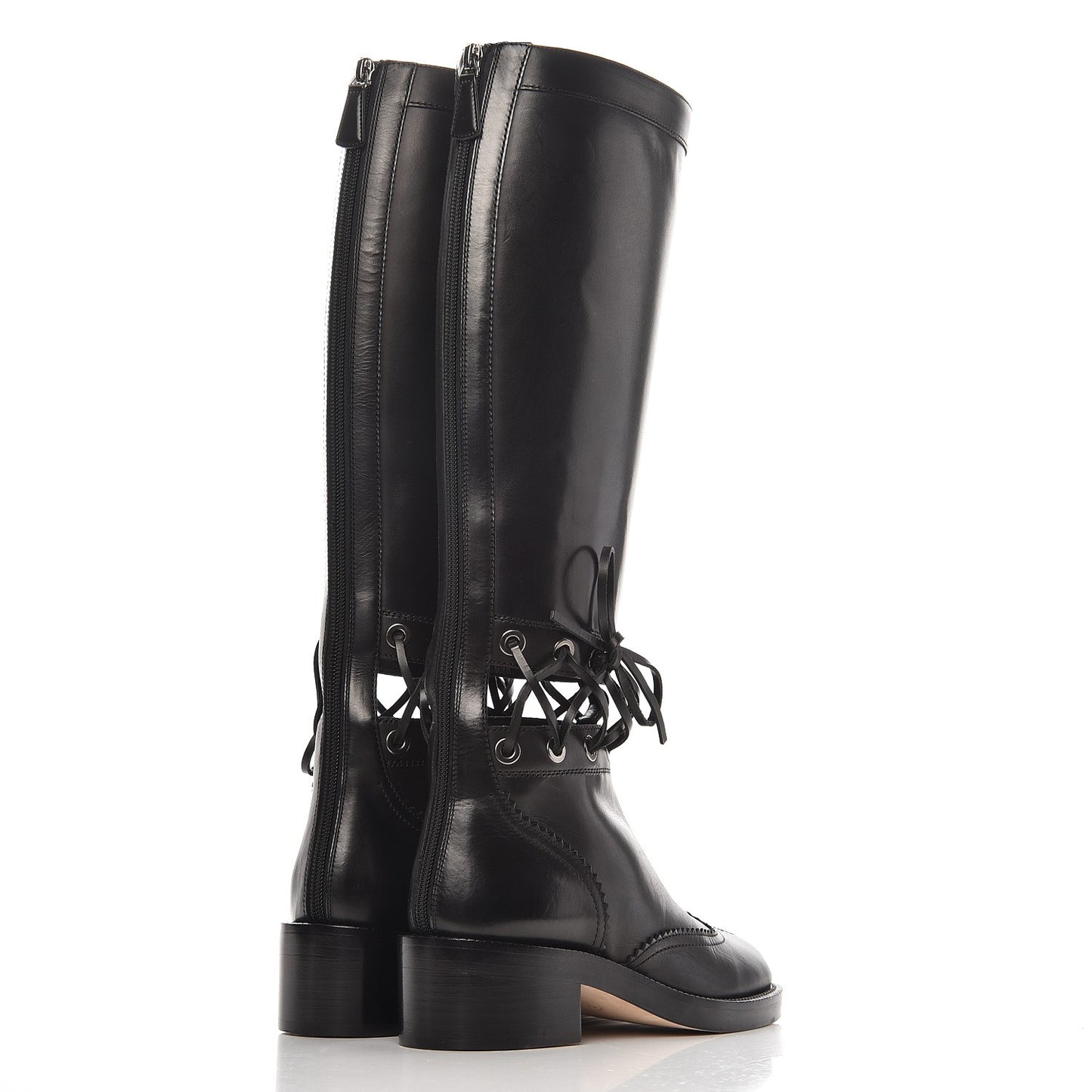 Calfskin Lace Up Knee High Boots 36 Black