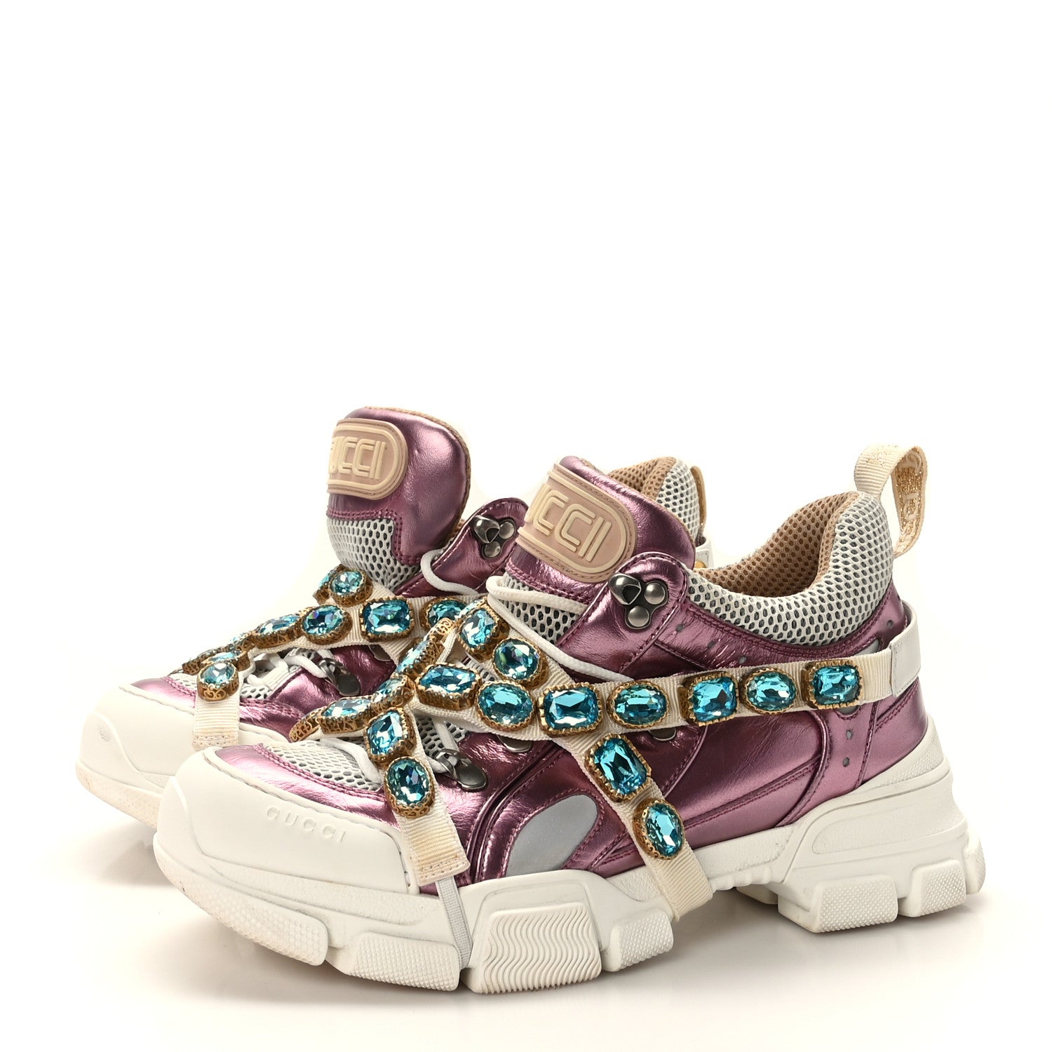 Gucci X SEGA Metallic Calfskin Mesh Removable Crystals Womens Flashtrek Sneakers 40.5 Rosa Great 40.5 White Silver 3 of 7