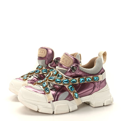 Gucci X SEGA Metallic Calfskin Mesh Removable Crystals Womens Flashtrek Sneakers 40.5 Rosa Great 40.5 White Silver 3 of 7
