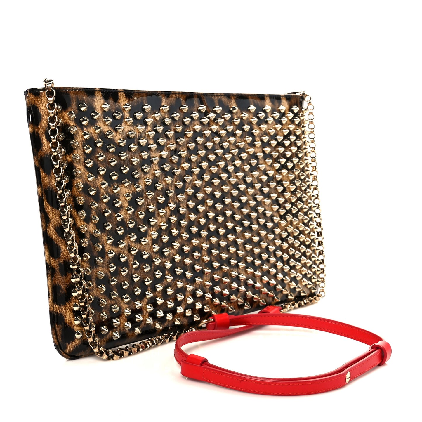 Patent Leopard Print Loubiposh Spiked Crossbody Clutch