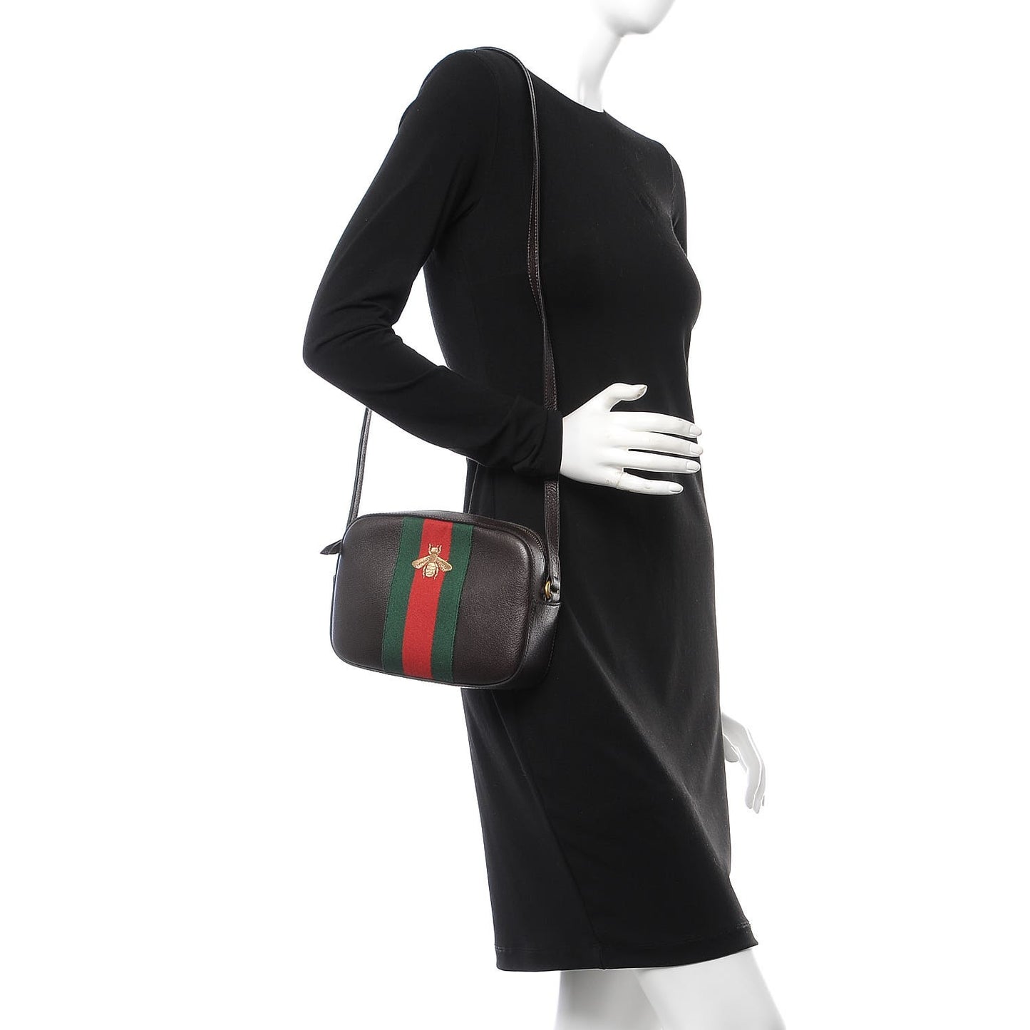 Textured Calfskin Web Small Webby Bee Shoulder Bag Brown Coffee