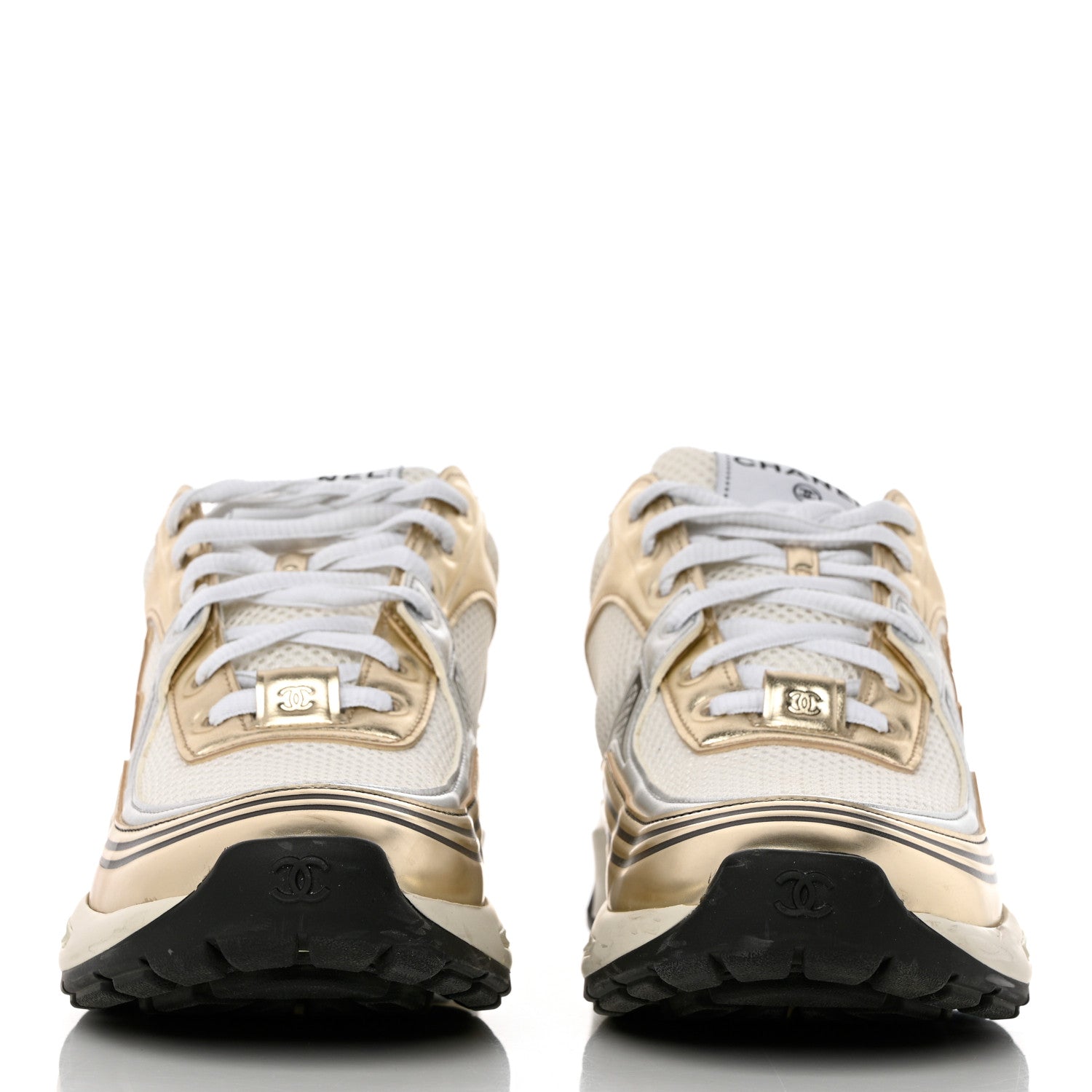 Chanel Nylon Metallic Lambskin CC Sneakers 37.5 White Gold