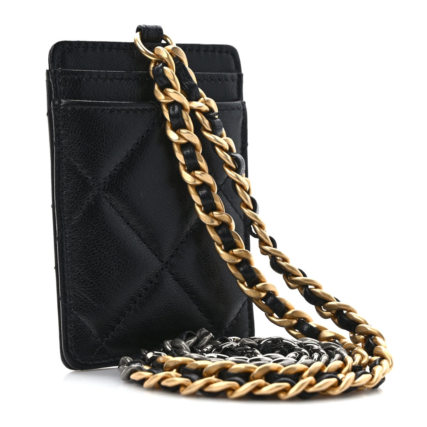 Chanel Shiny Goatskin Quilted Chanel 19 Card Holder On Chain Black 3 of 7