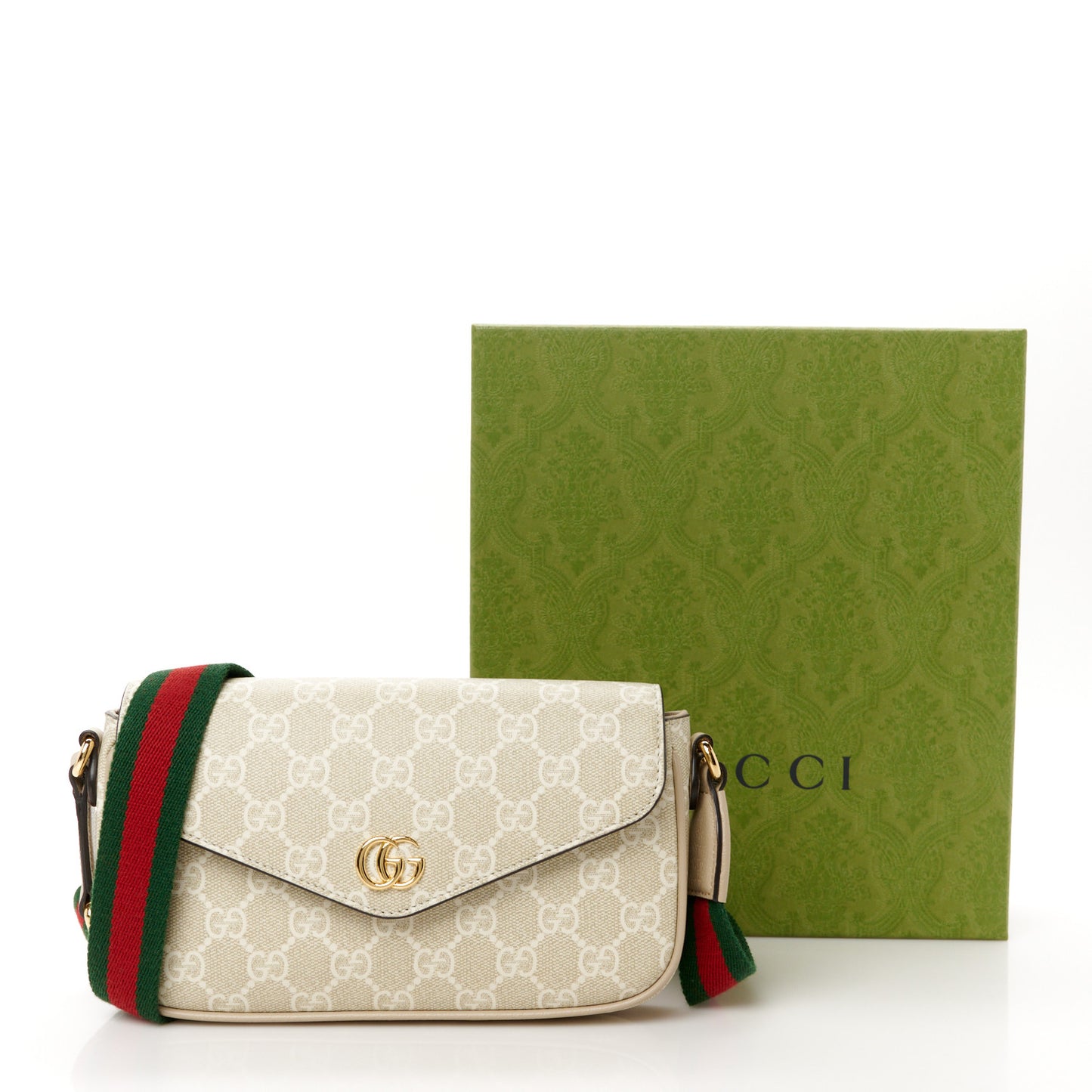 GG Supreme Monogram Textured Dollar Calfskin Web Mini Ophidia Envelope Shoulder Bag Beige Mystic White Oatmeal