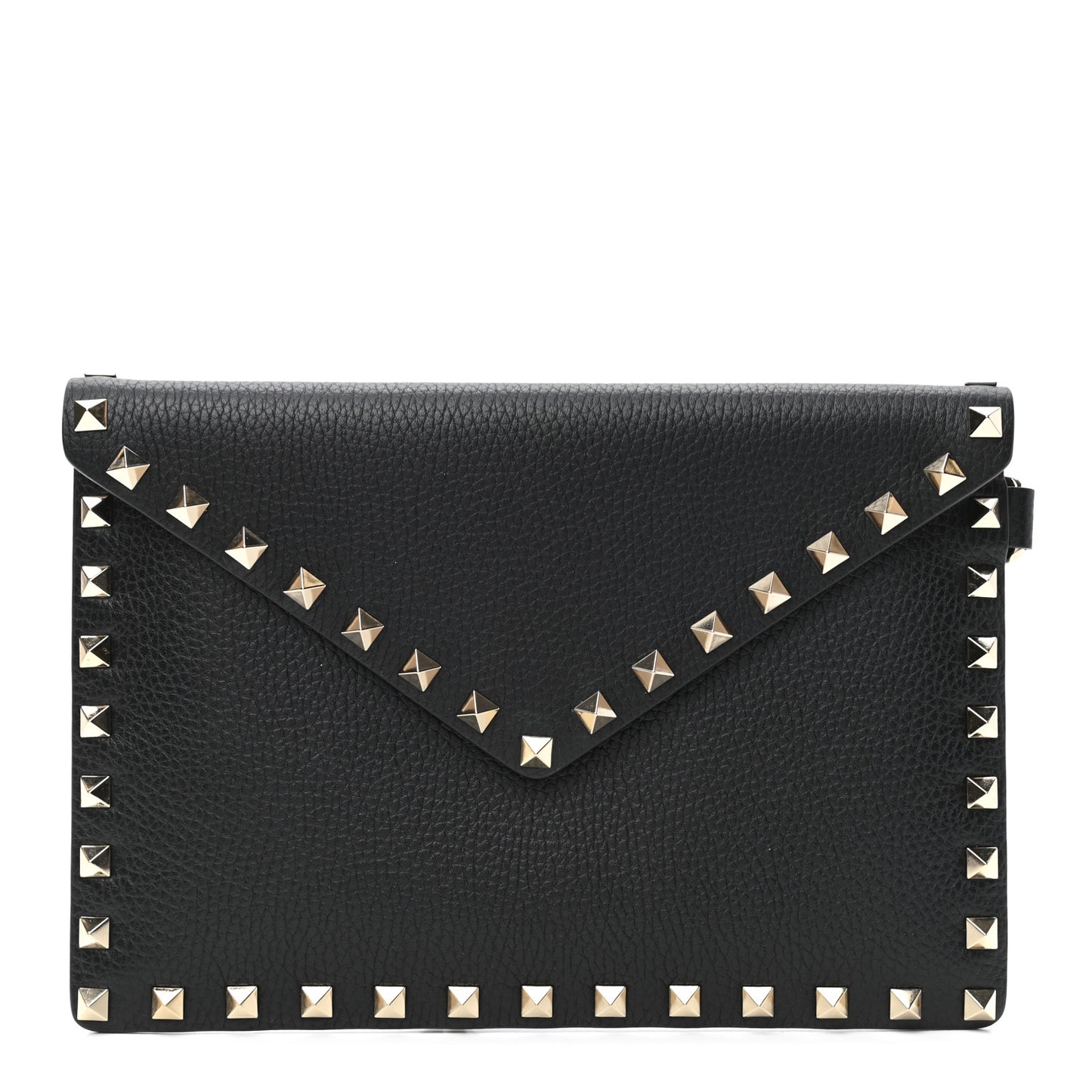 Pebbled Calfskin Medium Rockstud Envelope Flat Wristlet Pouch Black