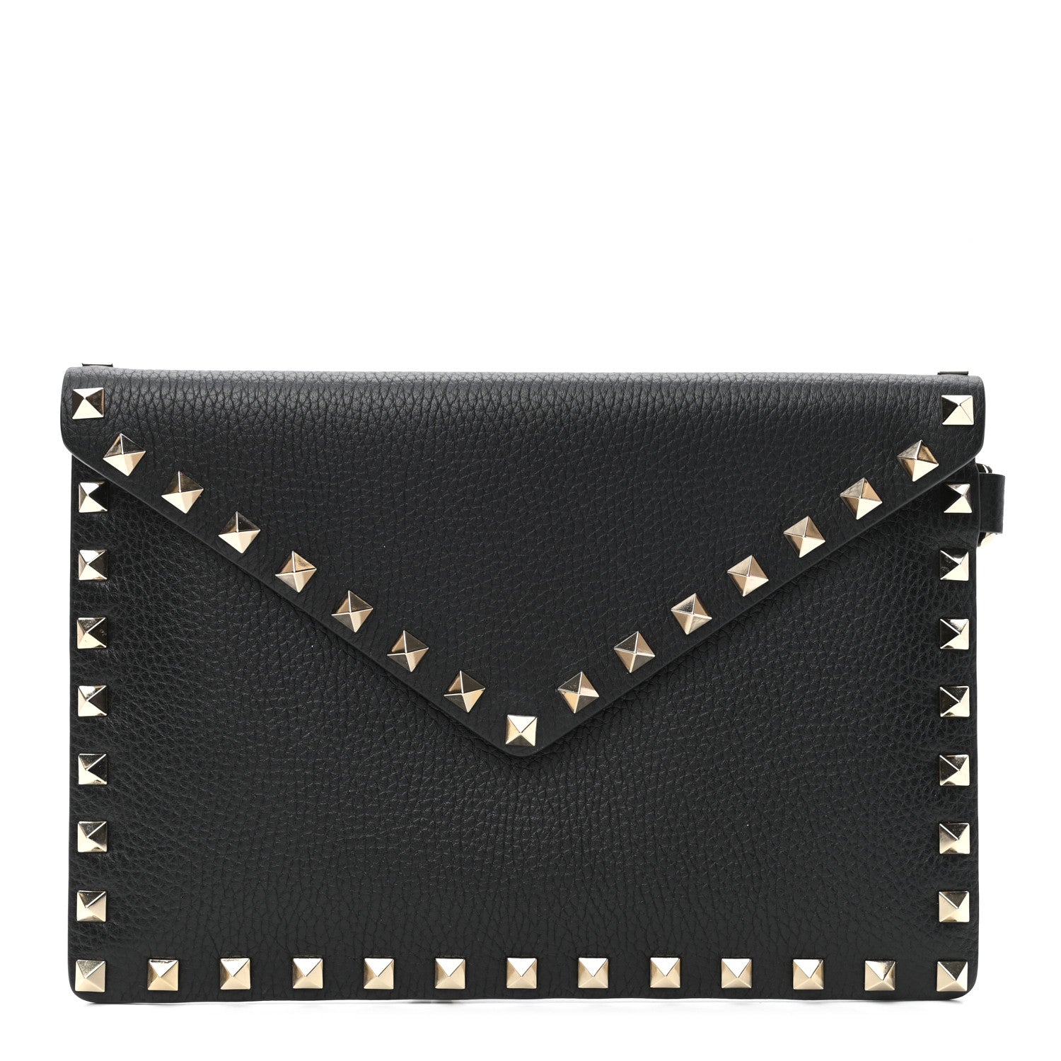 Valentino Garavani Pebbled Calfskin Medium Rockstud Envelope Flat Wristlet Pouch Black 1 of 7