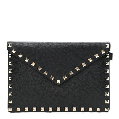 Valentino Garavani Pebbled Calfskin Medium Rockstud Envelope Flat Wristlet Pouch Black 1 of 7