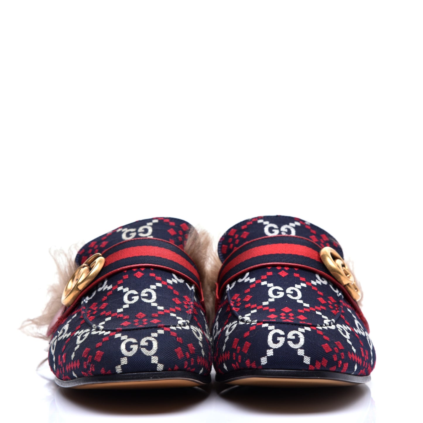 Canvas GG Monogram Diamond Fur Web GG Mens Princetown Slippers 8 Midnight Blue Hibiscus Red