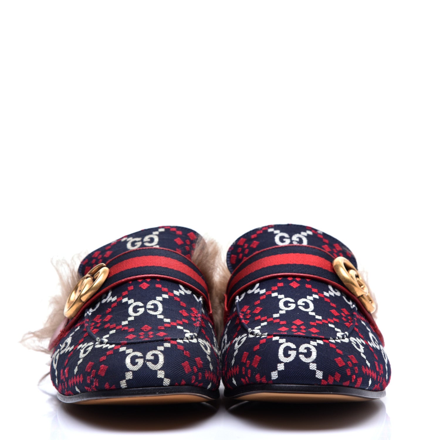 Gucci Canvas GG Monogram Diamond Fur Web GG Mens Princetown Slippers 8 Midnight Blue Hibiscus Red 2 of 9