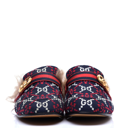 Gucci Canvas GG Monogram Diamond Fur Web GG Mens Princetown Slippers 8 Midnight Blue Hibiscus Red 2 of 9