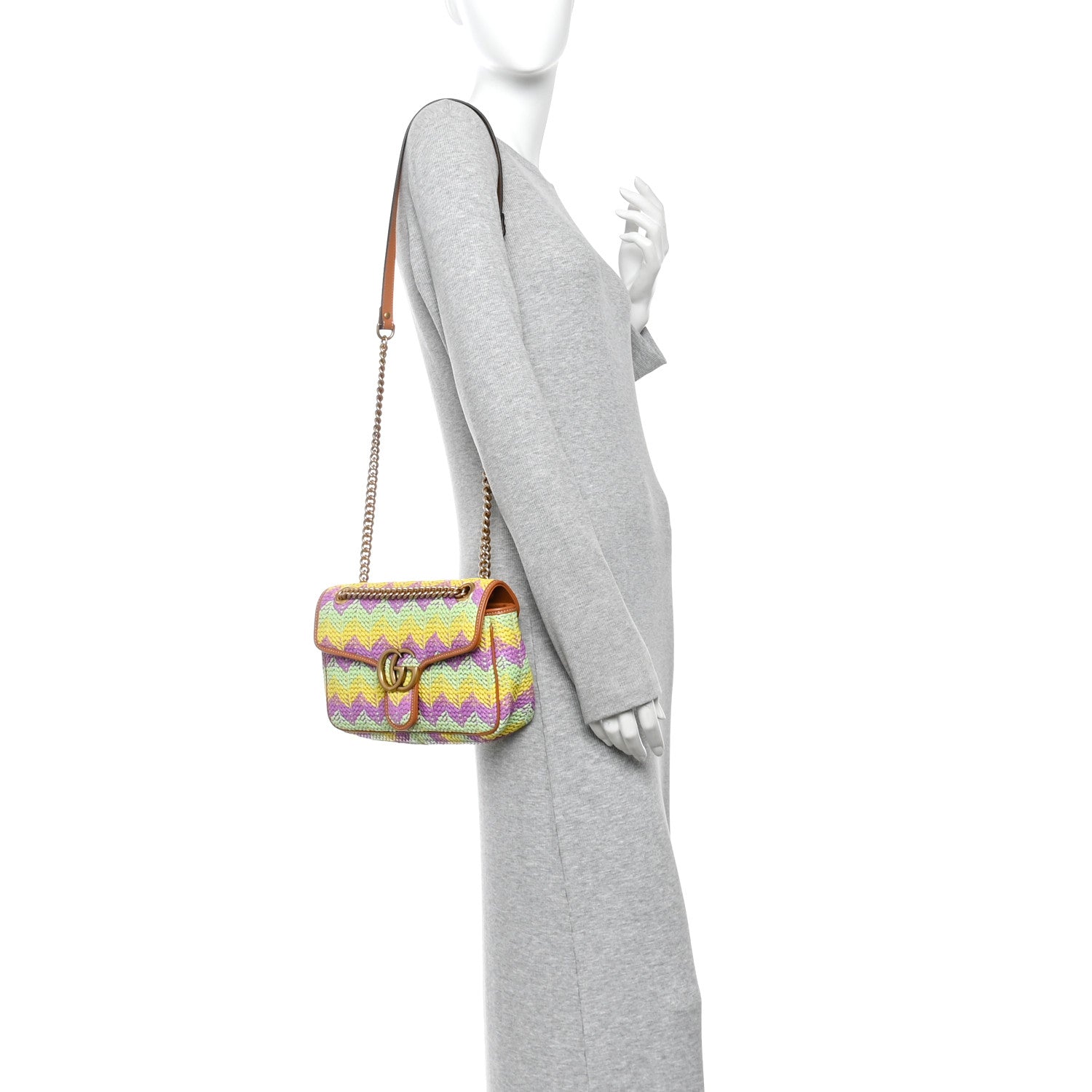 Gucci Calfskin Raffia Woven Small GG Marmont Shoulder Bag Multicolor 2 of 10