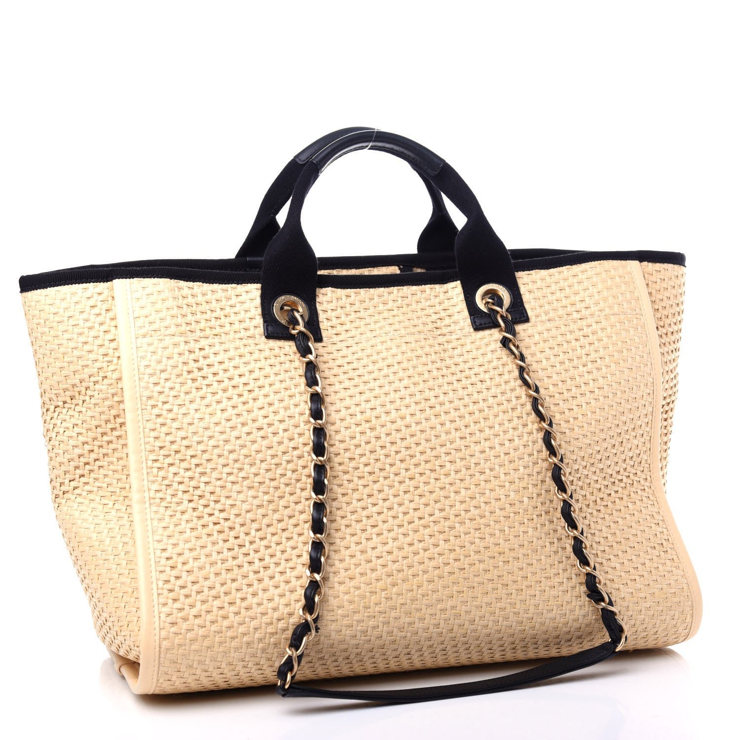 Chanel Straw Raffia Calfskin Chain Medium Deauville Tote Beige Black 3 of 10