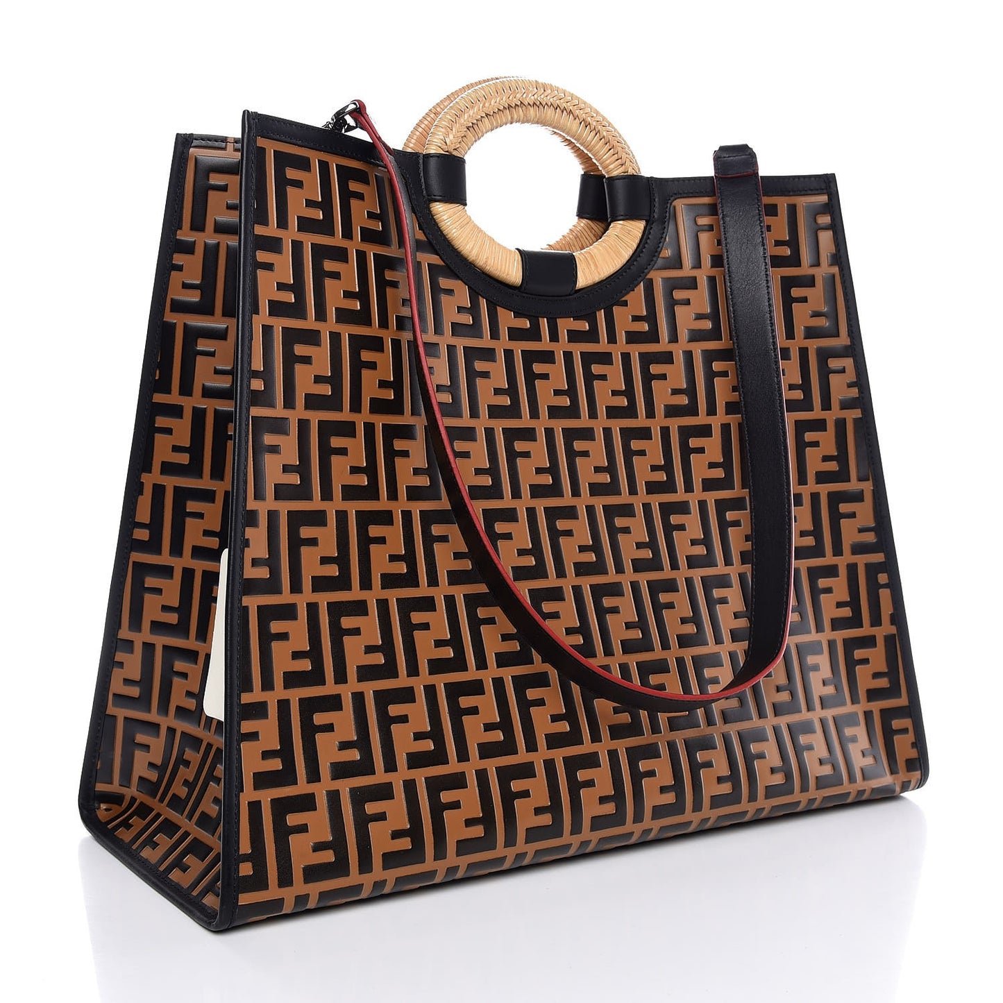 Vitello Century Wicker FF Embossed Large Runaway Shopper Tote Tobacco Black