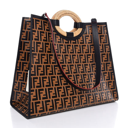 Fendi Vitello Century Wicker FF Embossed Large Runaway Shopper Tote Tobacco Black 3 of 7