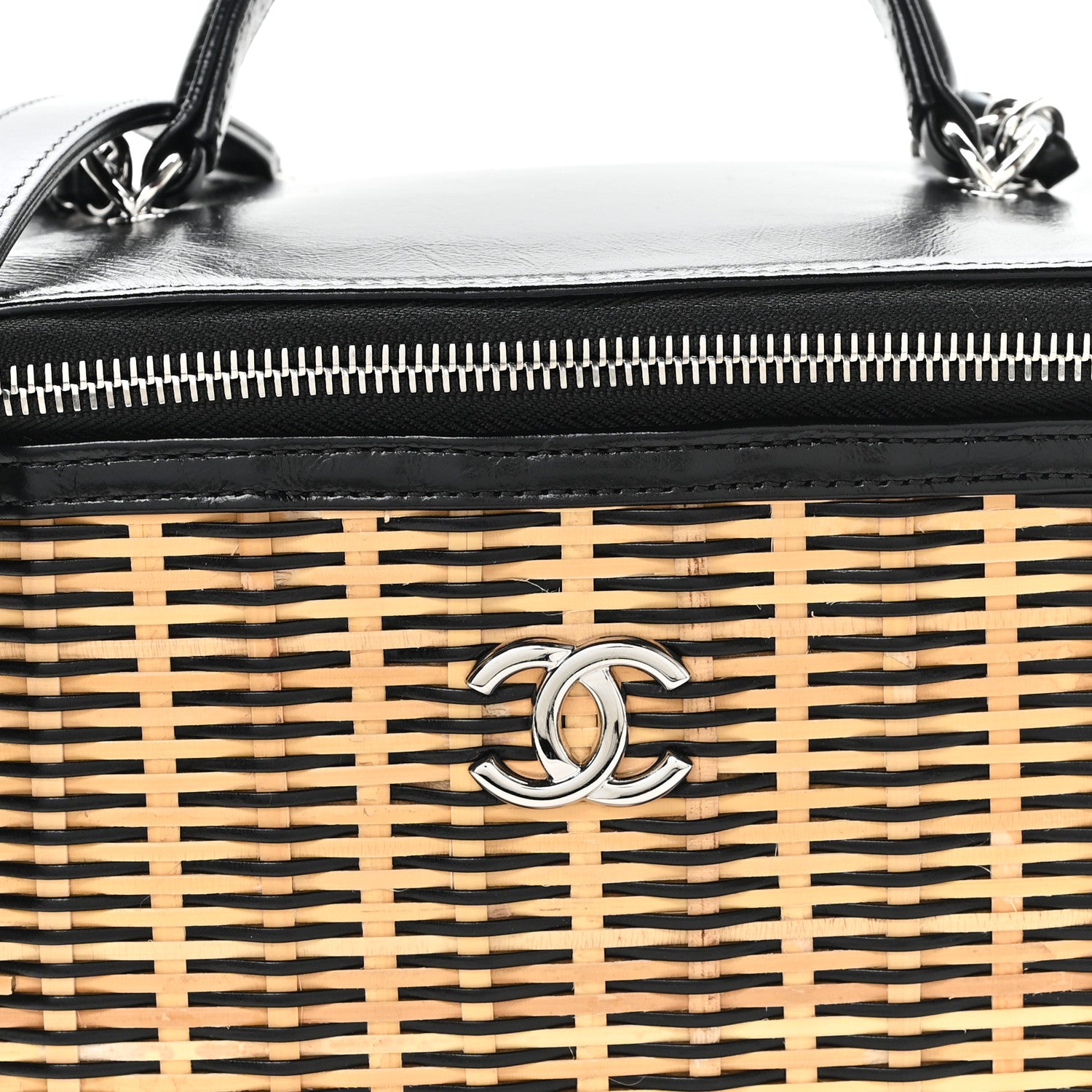 Chanel Glazed Calfskin Raffia Vanity Case Bag Black Beige 1773047