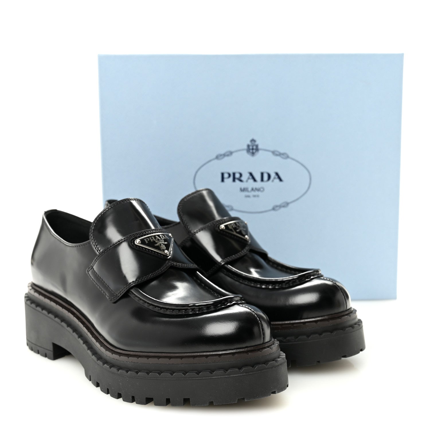 Prada Spazzolato Metal Triangle Logo 50mm Loafers 39 Black 1812413