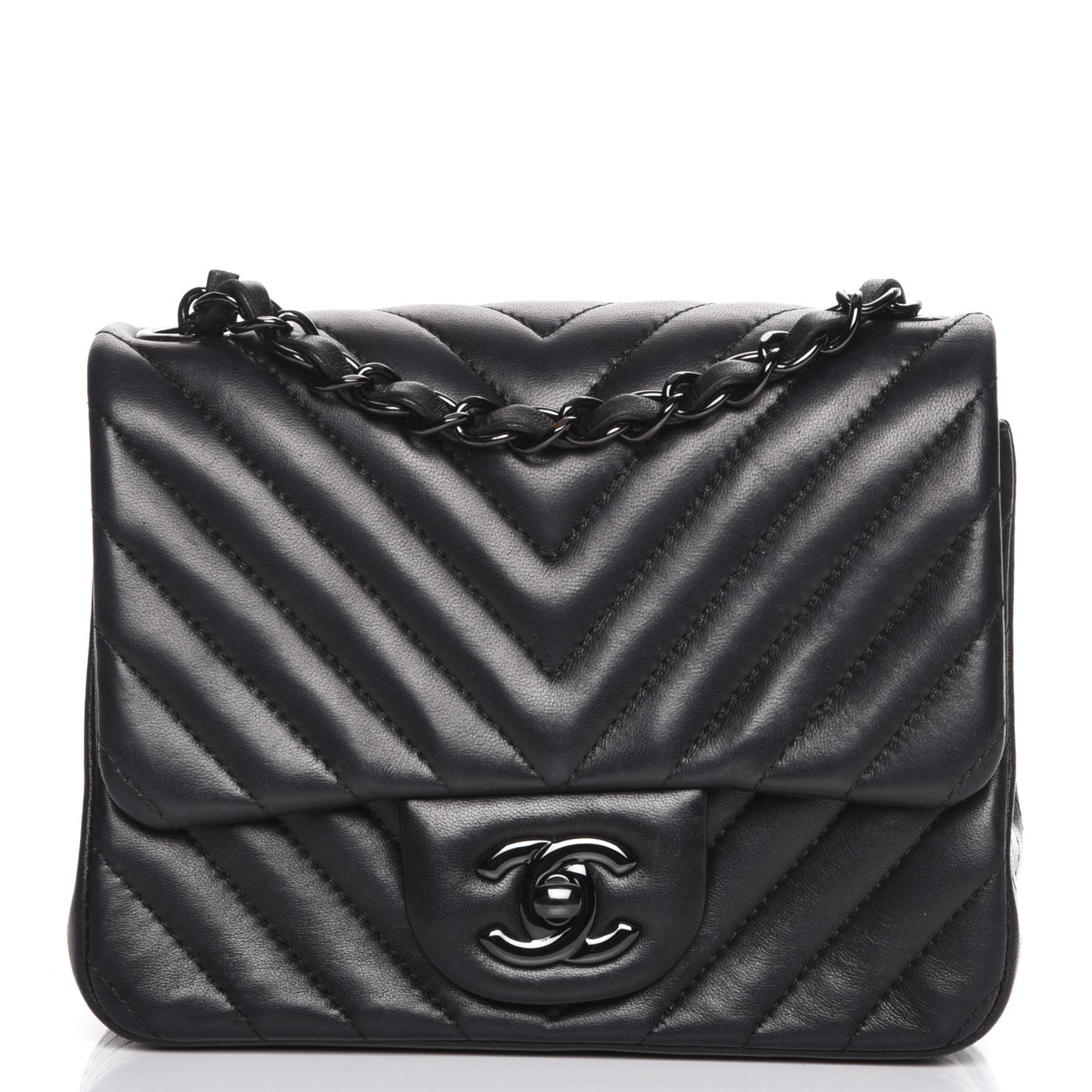 Lambskin Chevron Quilted Mini Square Flap So Black