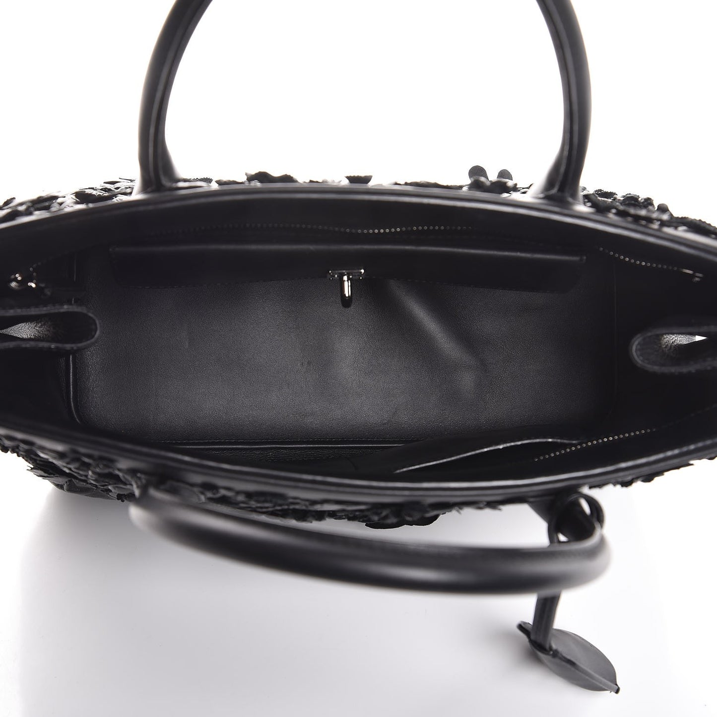 Calfskin Floral Applique Bar Tote Black