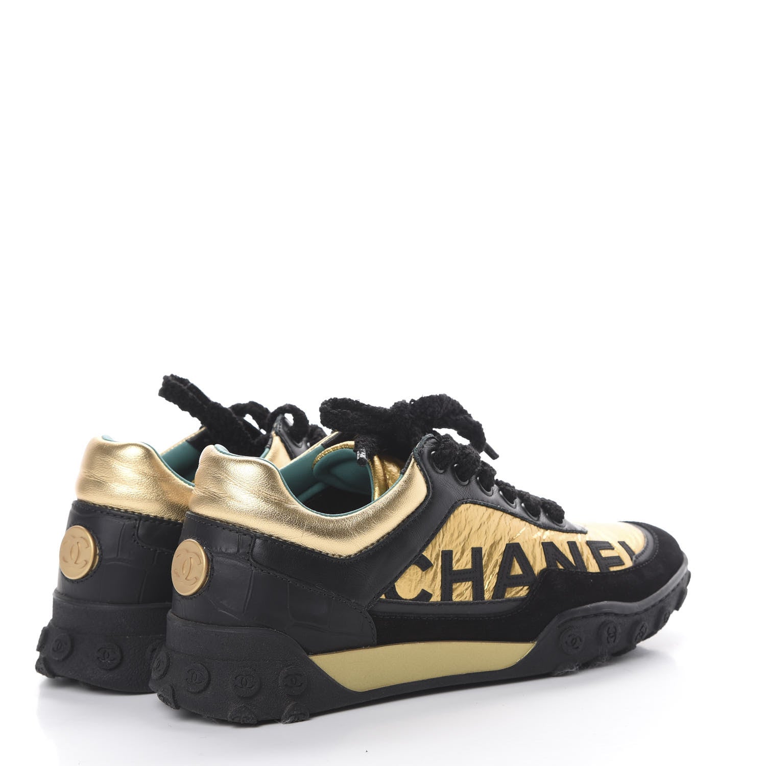 Chanel Metallic Fabric Calfskin Suede Crocodile Embossed CC Sneakers 36.5 Black Gold 4 of 9