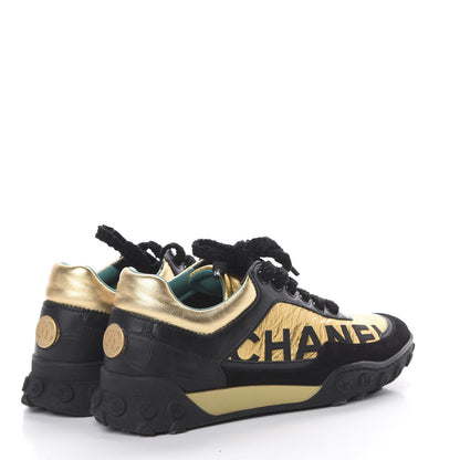 Chanel Metallic Fabric Calfskin Suede Crocodile Embossed CC Sneakers 36.5 Black Gold 4 of 9