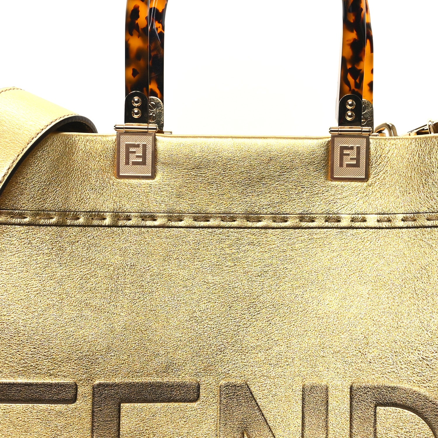 Fendi Vitello Catalan Mirror Plexiglass Logo Embossed Medium Fendi Sunshine Shopper Tote Gold 8 of 12