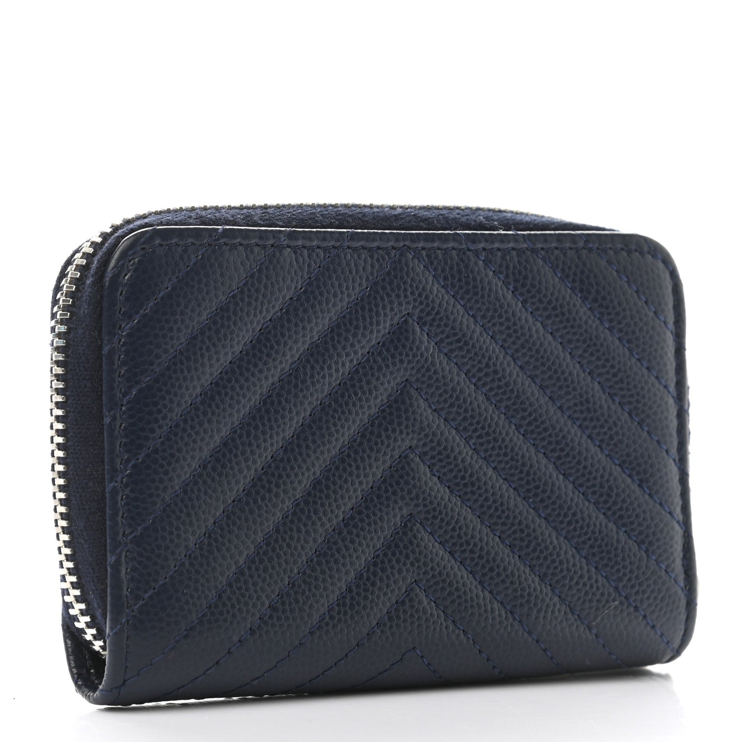 Chanel Caviar Chevron Quilted Zip Around Coin Purse Navy Blue 3 of 8
